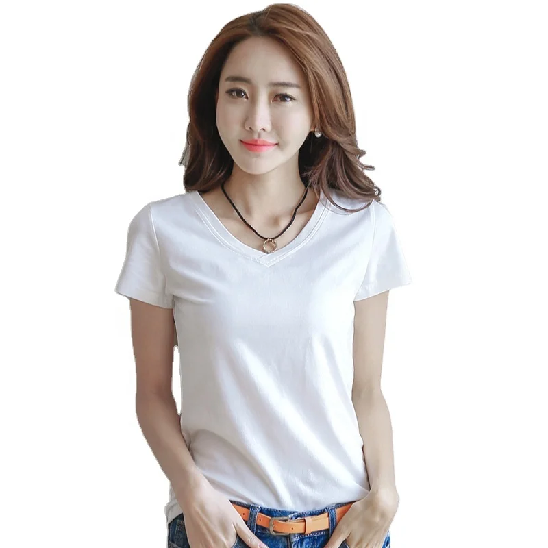 Women's Summer Casual T-Shirts Wholesale Solid Color Short Sleeve V-Neck Slim Tops in XS S M XL XXL Eco-Friendly Knitted Fabric