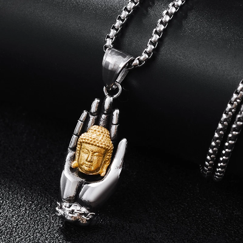 

Retro personality men's necklace simple golden Buddha head sweater chain bergamot necklace