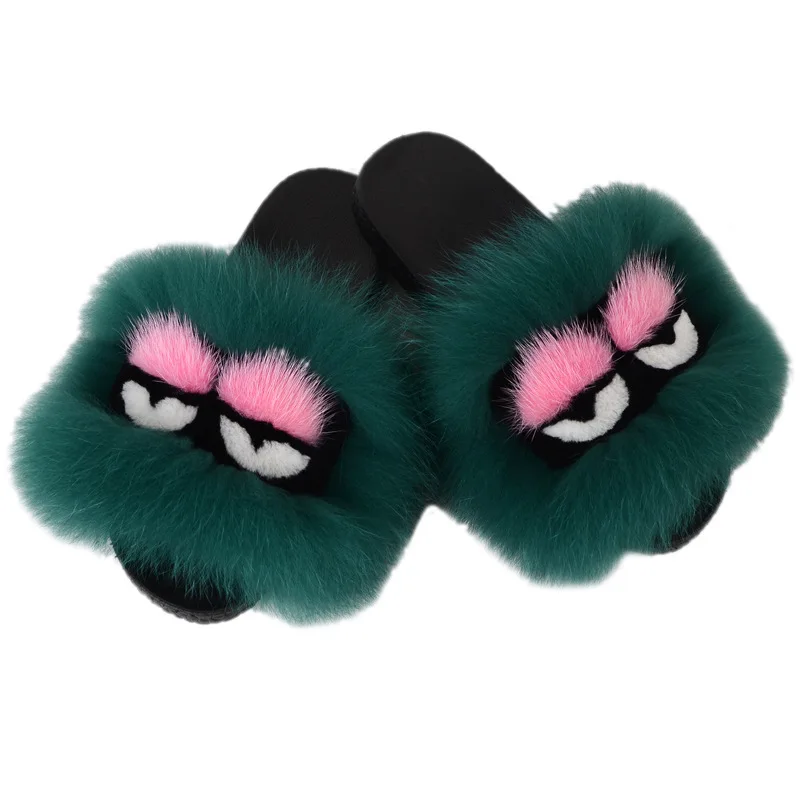 

fluffy Slipper European and American fox fur little monster fur slippers fashion leisure Korean real fur sandals, Customized