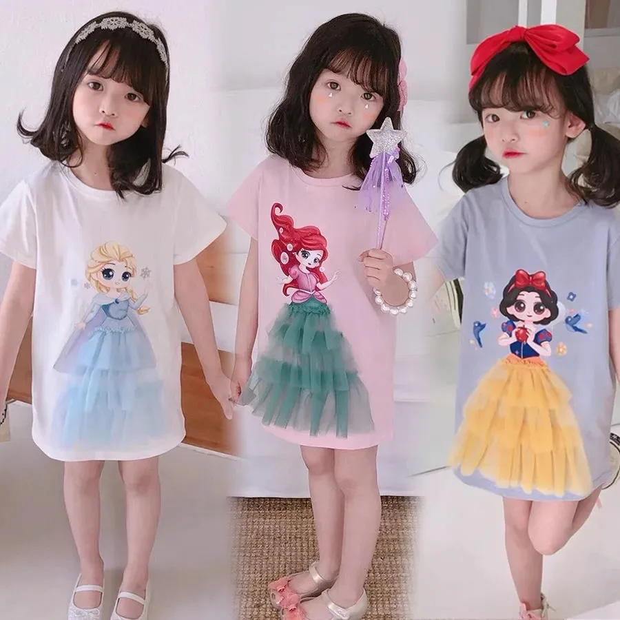 

New fashion toddler Girls short sleeve cartoon printed tulle princess dress Girls casual t-shirt Dress, Picture shows