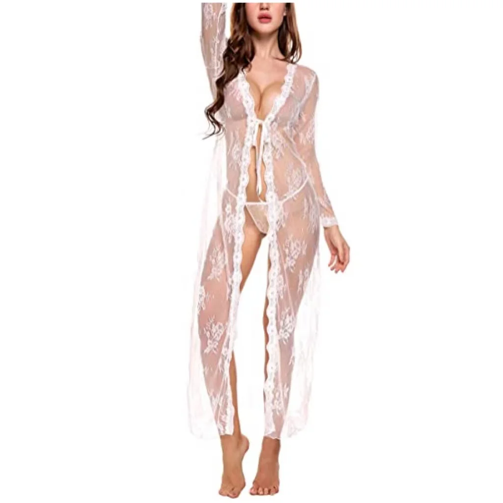 

Wholesale Women Sexy Long Lace Nightdress Sheer Gown White Mesh Long Lace Transparent Nightgowns See Through Kimono Robe, Picture color