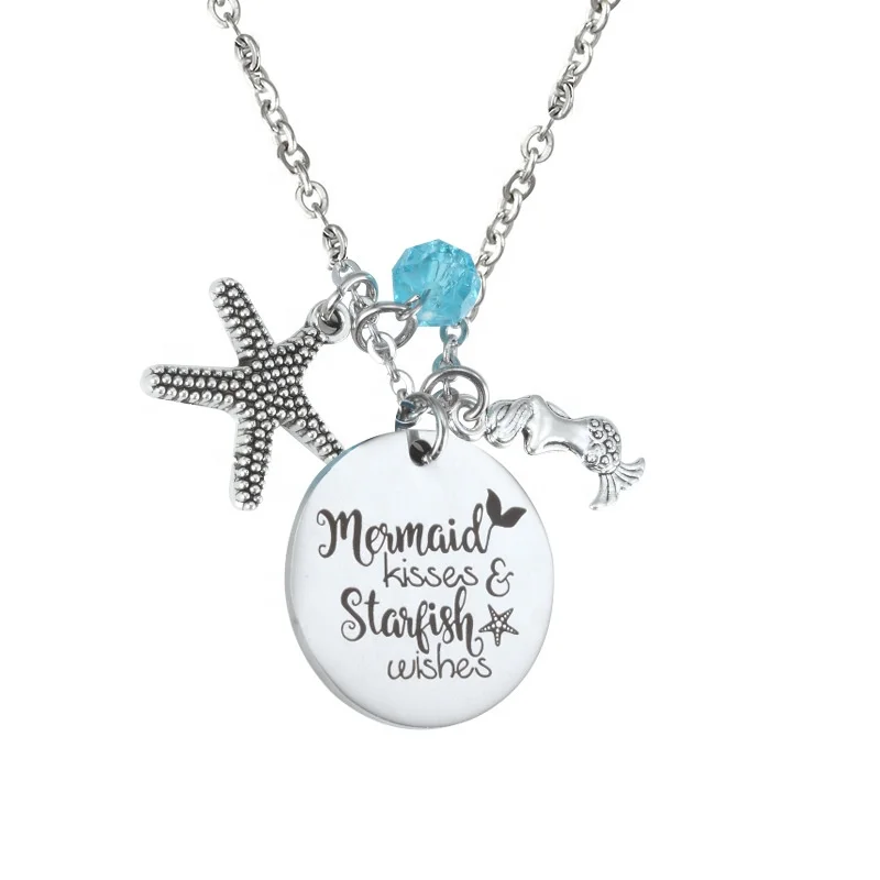 

Sea beach mermaid lettering Stainless Steel Mermaid Starfish sea star round Pendant Necklace "mermaid kisses & starfish wishes"