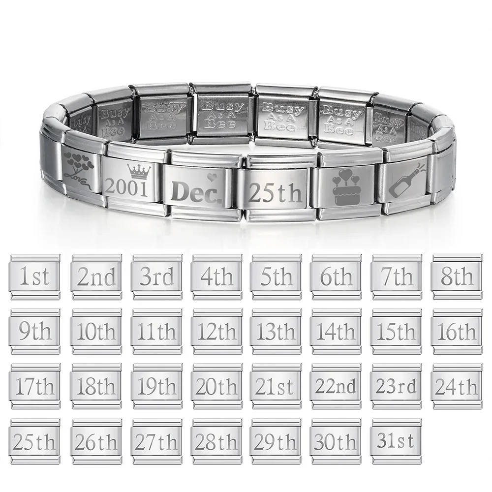 Italian Charm Laser Engraving Date Stainless Steel Charm Bracelet 9mm DIY Elastic Link Chain Jewelry Accessories Gift  Bracelet