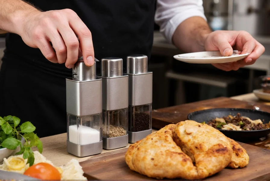 Professional chef using a high-end salt and pepper set with adjustable grind settings during food preparation in a well-lit kitchen environment