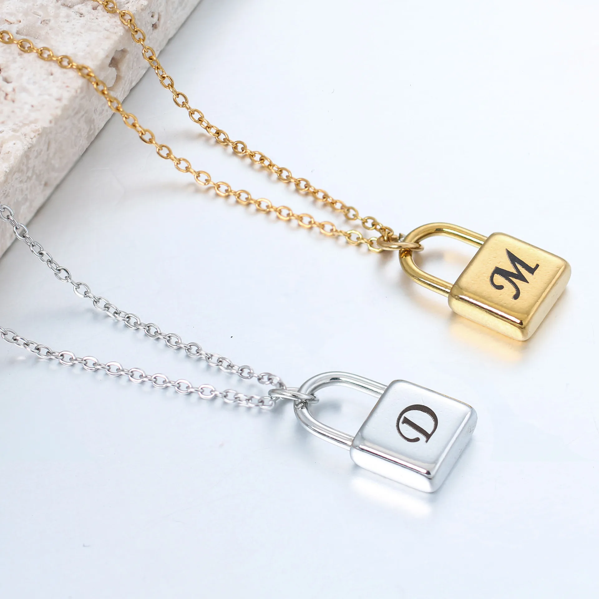 

Personal Square Shape Unique English Letter Lock Design Pendant Charm with Stainless Steel Chain 16"