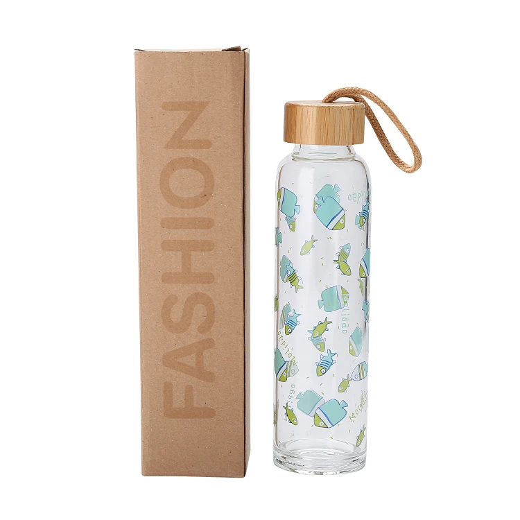 

Wholesale decal printing borosilicate glass bottle portable bamboo lid water bottle