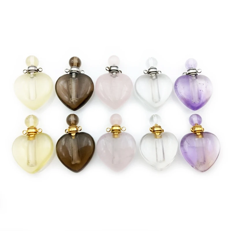 

Natural Heart shape Gems stone Love Perfume Bottle Pendant Gold Plated Healing Chakra Crystal Quartz vial for Necklace, Multi