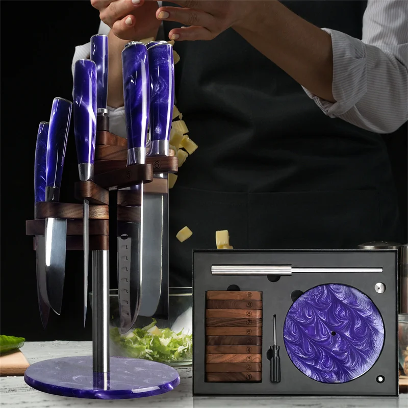 

Purple handle high quality stainless steel pearing vegetable cake cutter present box kitchen knife set with rotate holder
