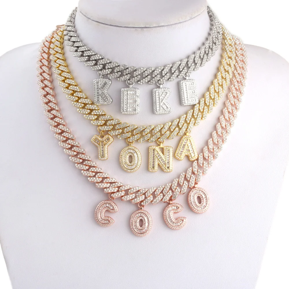 

diamond cuban link chain Custom alphabet initial letter name plate baguette necklace