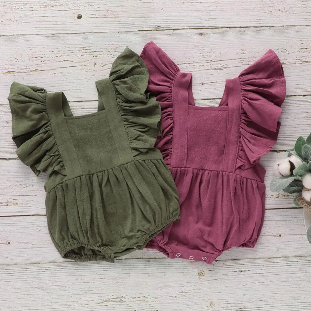 Wholesale Summer flutter linen girls clothes romper spring newborn bodysuit baby romper