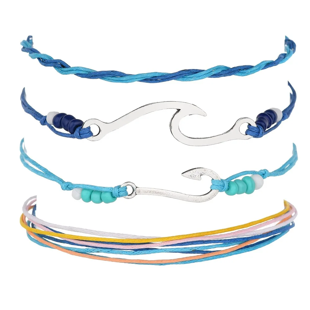 

Boho Beach Surf Bracelets Vintage Multilayer Handmade Wave Bracelets Set Rope Chain Charm Adjustable Bangles Girl Jewelry, As picture show