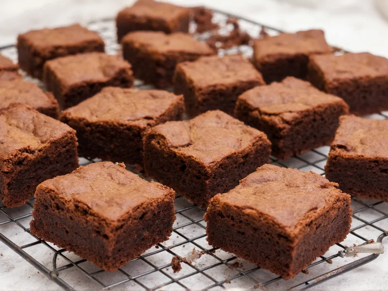 Homemade brownies cooling on wire rack with clean slices