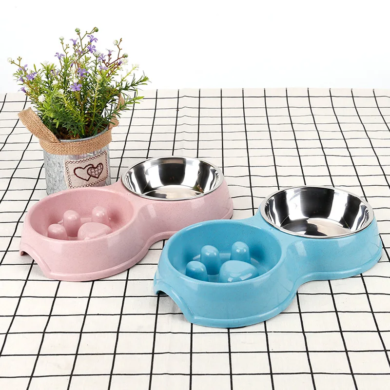 

Manufacturer wholesale travel outdoor non slip stainless steel plastic slow feeder pet dog two bowls, Blue,pink,green,beige or as your requirement