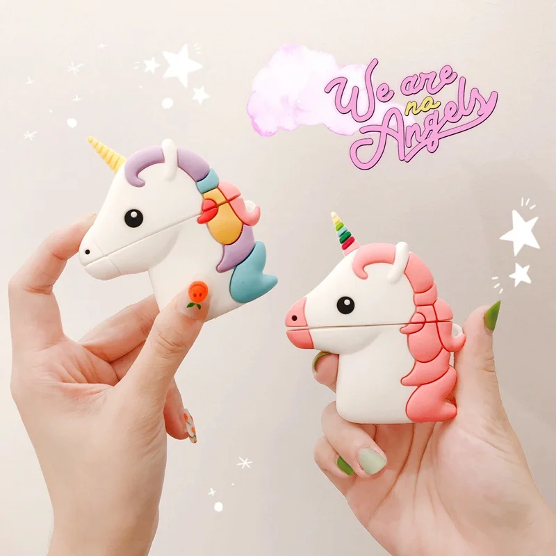 

3D Cute Case for Apple airpods 1 2 Unicorn Rainbow Wireless Charge Earphone Cover Box For Air Pods Airpod Pouch with Hang buckle, Black silver pink