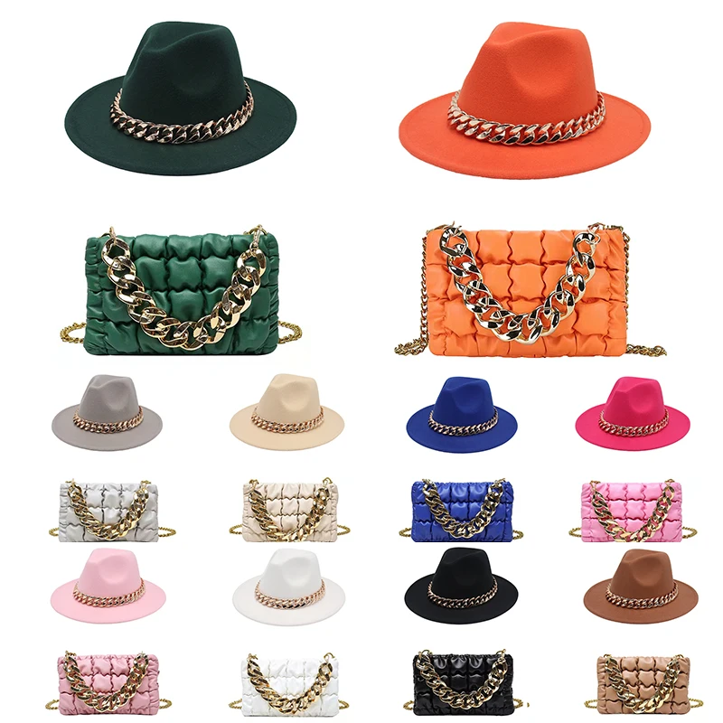 

2022 New Arrival Trendy Thick Chain Purses And Handbags Fedora Hats And Purse Set Matching Hats And Purses Handbags Set Luxury, Red/khaki/black/white/pink/rose red/royal blue/beige/orange