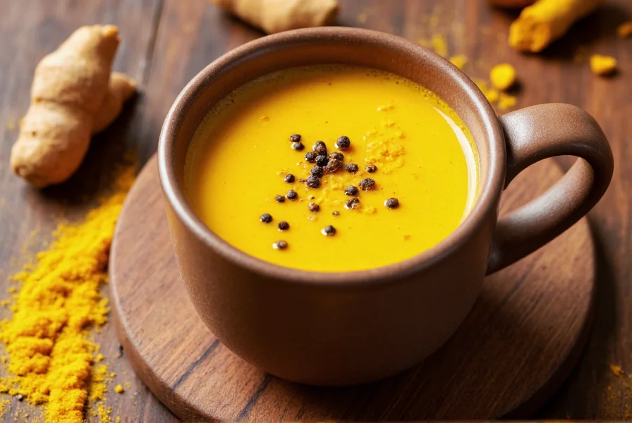 Golden turmeric milk in ceramic mug with turmeric root and black pepper