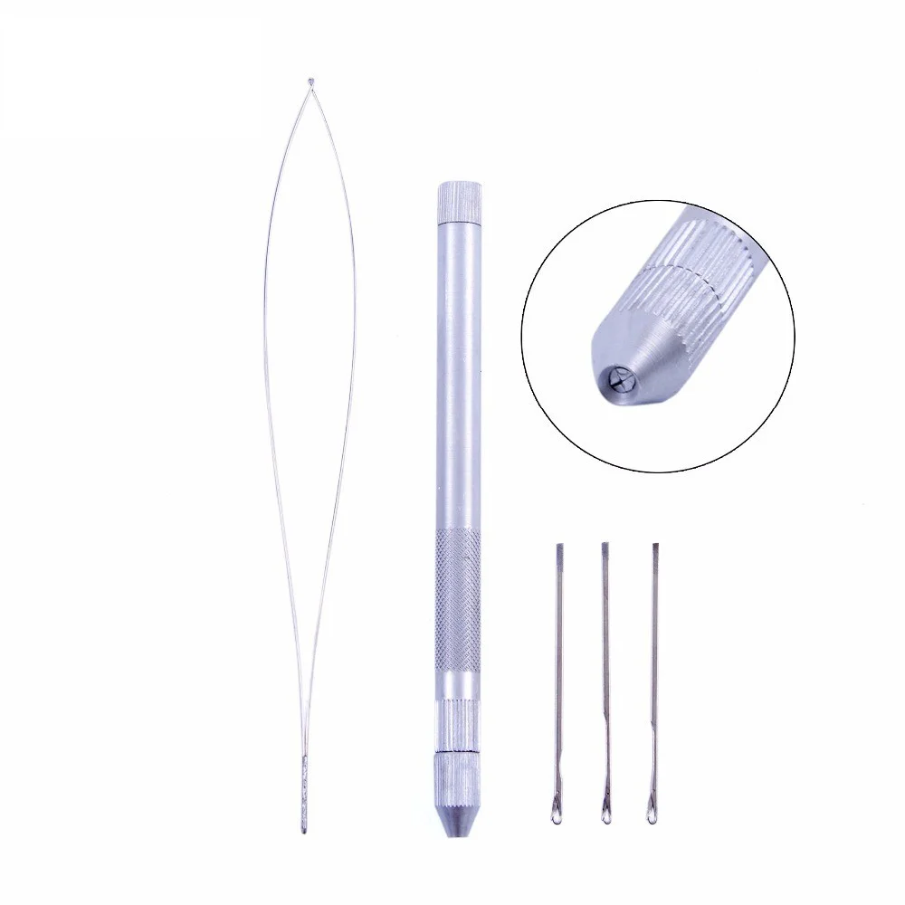 

Hair Extension Tools Knitting Needles New 3x Hooking Ventilating Aluminum Pulling Needle With Holder KIT For Micro Ring Tool