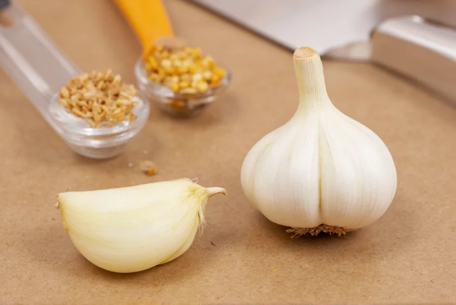 Close-up photograph showing a single peeled garlic clove next to common kitchen measurement tools for scale