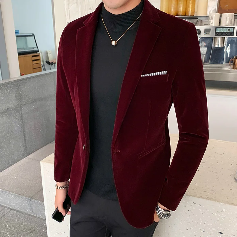 

M~5XL Autum Velvet Wedding Dress Coat Mens Blazer Jacket Fashion Casual Suit JacketStage DJ Men's Business Blazers Veste Costume