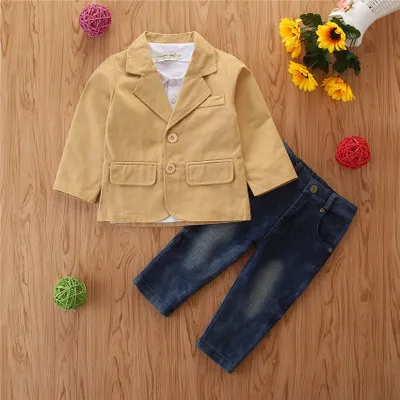 

Autumn New Formal Kids Baby Boys Suit Long Sleeve Tops Shirt + Coat+ Denim Pants 3pcs Gentleman Cotton European Outfits