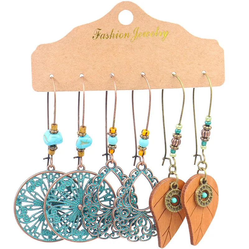 

Vintage Ethnic Boho Antique Bronze Patina Hollow Out Flower Round Disc Wood Leaf Dangle Women Bohemian Chic Earring Set, Color plated as shown