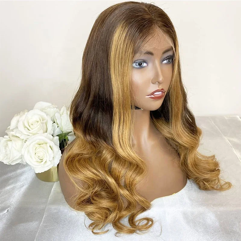 

Factory Body Wave 20inch Ombre Blonde Lace Frontal Wig Human Hair Wigs With Highlights #4T#27 Color Honey Blonde Lace Front Wigs