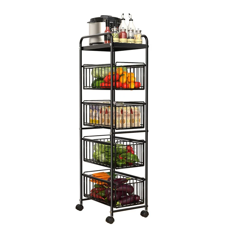 

3 Tiers Metal Rolling Kitchen Vegetable Storage Trolley Cart with Basket and Lock Caster Wheel