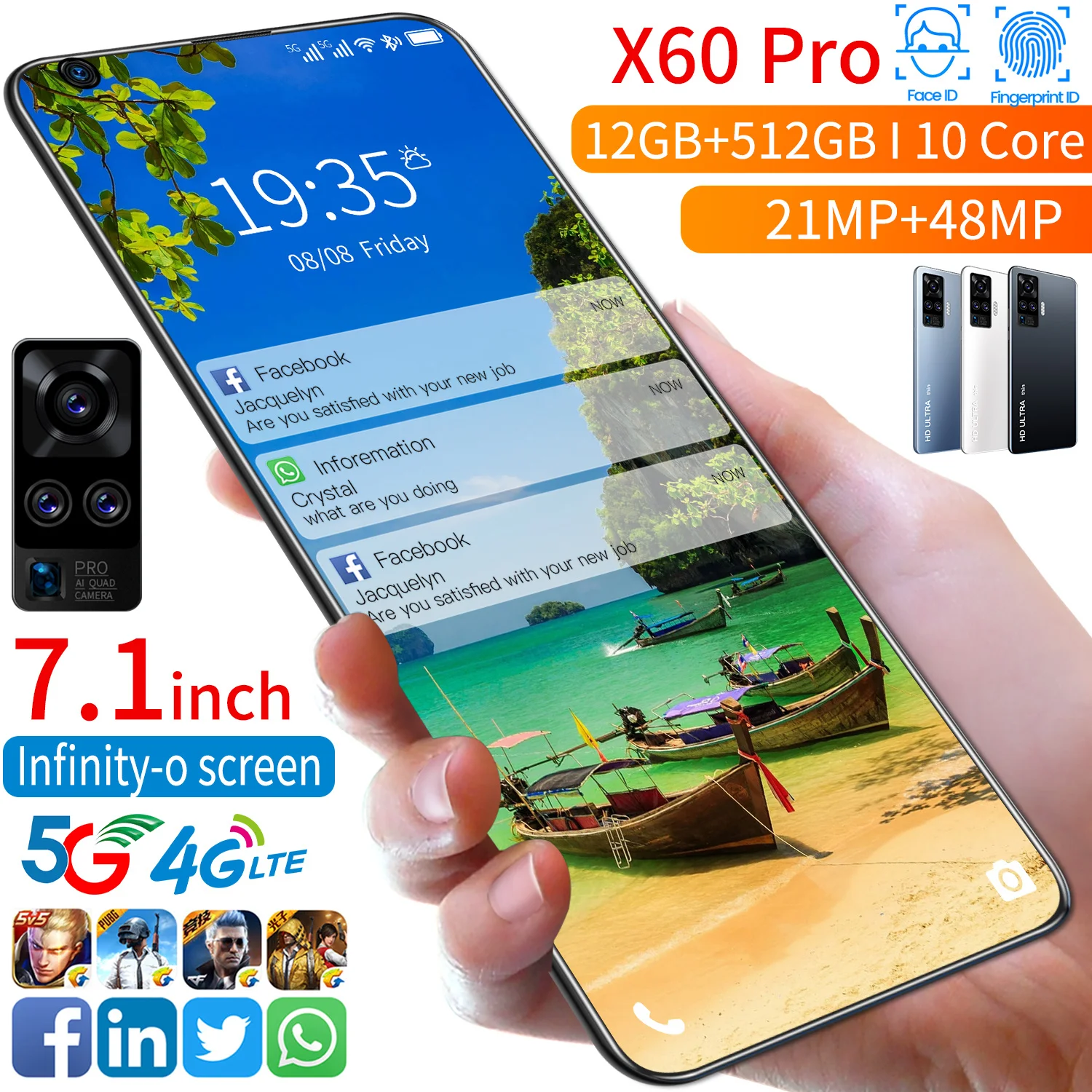 

Super thin X60 pro mobile phnoe 4G 5G LTE android 12+512GB face unlock fingerprint unlock gaming dual smart pphone