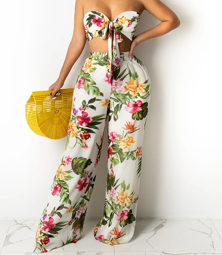 

2021 New Arrival Flower Strapless 2 Two Pieces Crop Top and Pants Sets for Women Clothing Loungewear