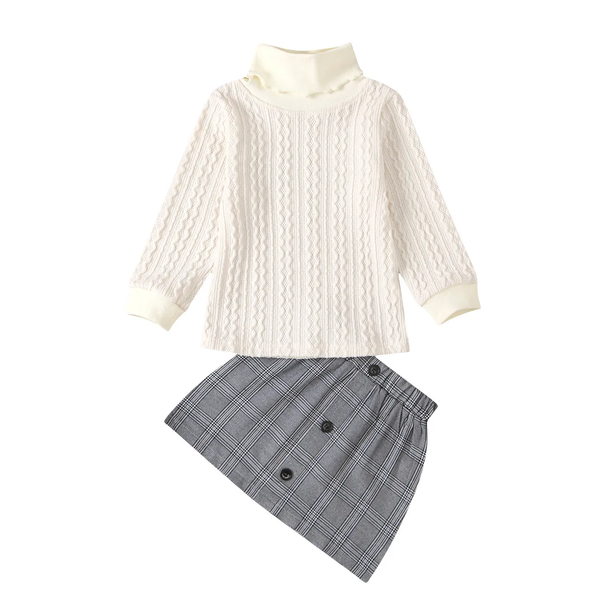 

Fashion Girl Solid Color Lapel Sweater + Button Plaid Skirt 2 Pcs Set