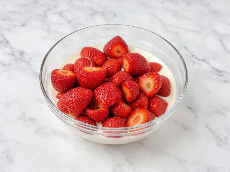 Fresh strawberries and heavy cream in glass bowl