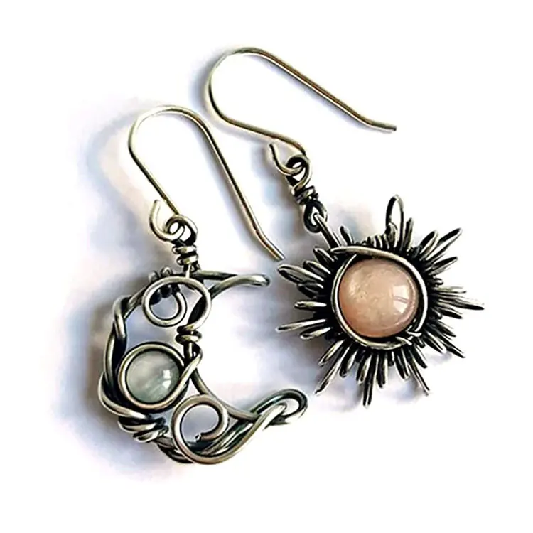 

SC Asymmetry Sun and Moon Earrings Jewelry Bohemian Retro Silver Natural Opal Moonstone Sun Moon Drop Dangle Earring Women 2021