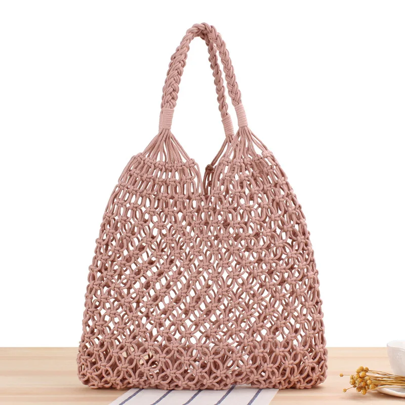 

2021 New design solid color one-shoulder woven bag handmade straw woven cotton rope net pocket beach bag
