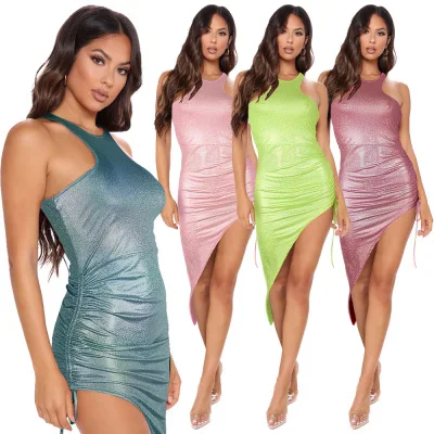 

B54421A 2021 Spring summer lady sexy drawstring fashion shiny dress, Shown