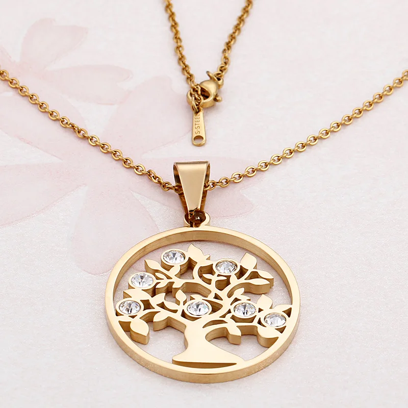 

New design 18K genuine gold stainless steel necklace inlaid with zircon wishing tree