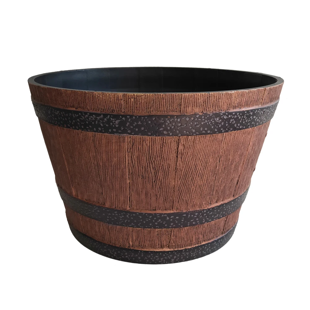 

Wholesale Whiskey Barrel Plastic Wood Effect Garden Decorative Outdoor Round Shape Large Planter, As picture or customized color