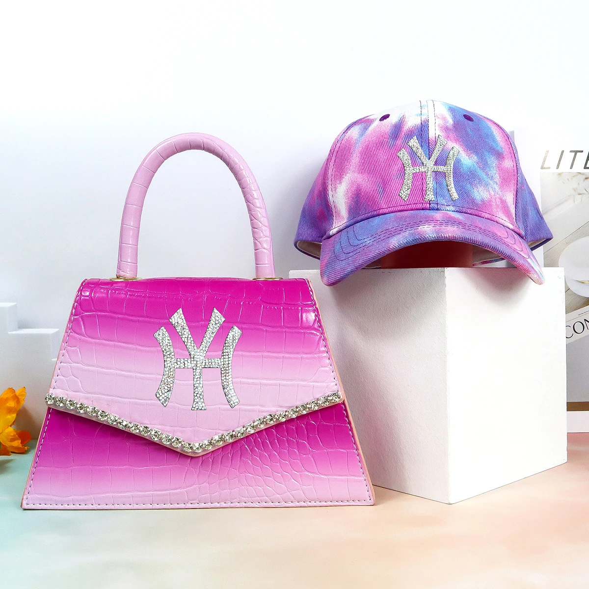 

Hot sell new tie dye bucket hat shoulder handbags set for women matching bag and hat set, 8 color