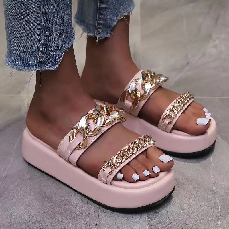 

Fashion summer platform ladies slides shoes sandals chain wedge women slippers