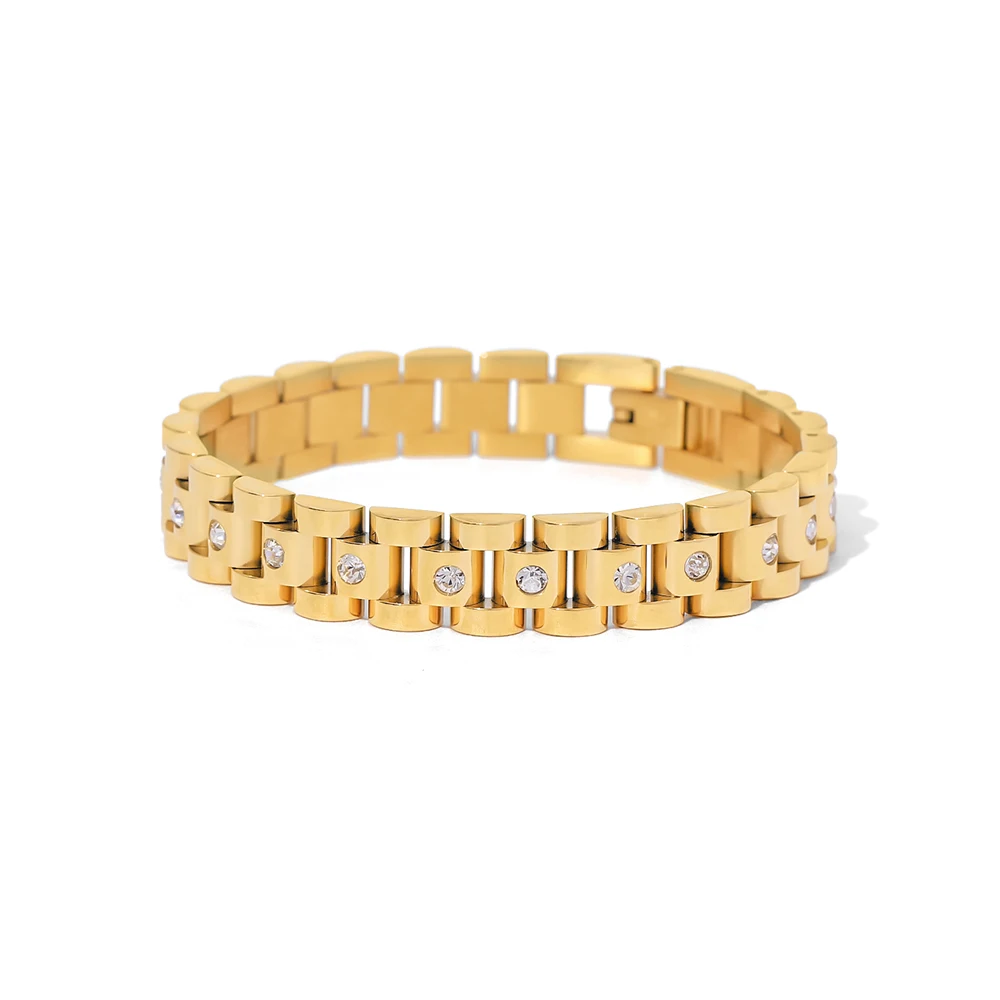 

New Trendy 18k Gold Plated Stainless Steel Strap Jewelry Waterproof Wide Cubic Zirconia Belt Bracelet