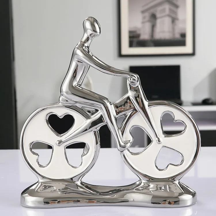 

Customized creative couples biking ornaments silver-plated glazed ceramic home decor art ornaments, Silver/white