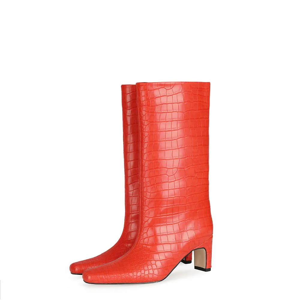

Trendy orange pattern ladies thick-heeled small square toe knee-length boots