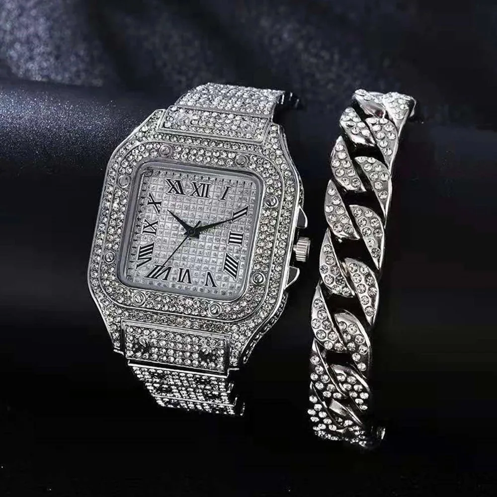

Hot Sale 2Pc Set Women Men Full Diamond Square Watch Quartz Steel Strap Iced Out Bracelet Set, Silver,gold,rose gold
