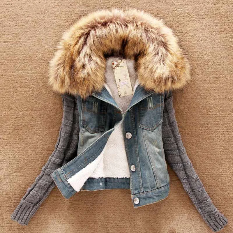 

Warm Winter Hooded Jacket Women Fashion Jeans Denim Button Knit Sleeve Cowboy Denim Pockets Women's Bomber Jacket Coat