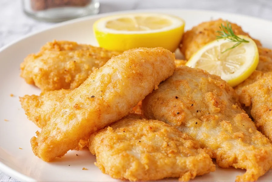 Close-up of golden-brown fried whiting fillet with lemon slices and cracked pepper garnish on white plate