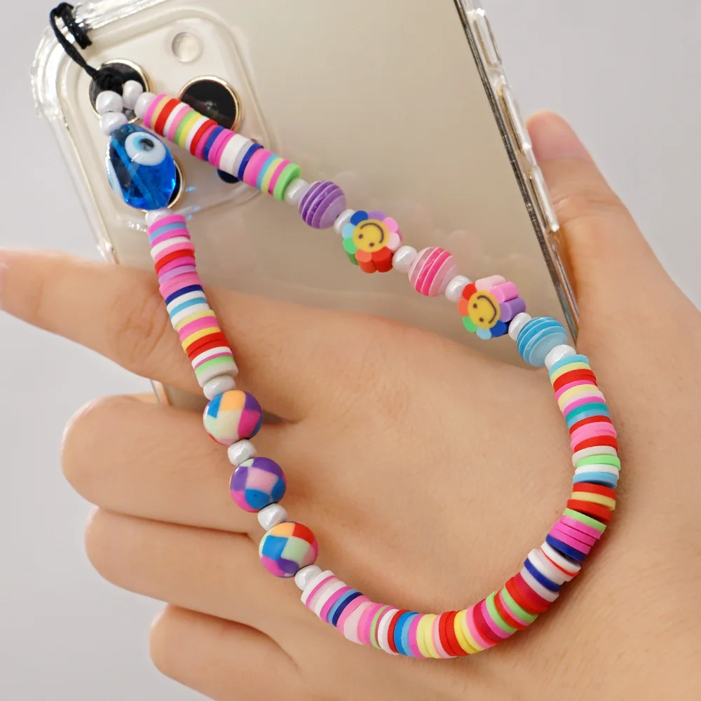 

wholesale 2021 New Mobile Phone Strap Smiley face chain Colorful Polymer Clay Evil Eye Bead Phone Chain for women summer jewelry