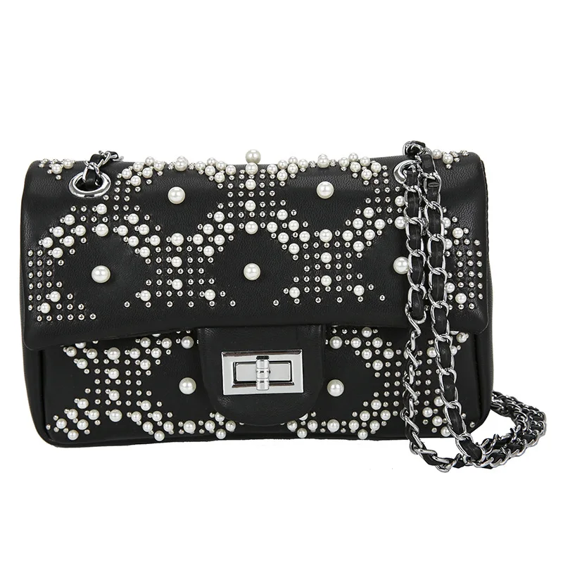 

Women Designer Handbag Fashion New Handbag High quality PU Leather Women bag Rivet Pearl Chain Shoulder Bag