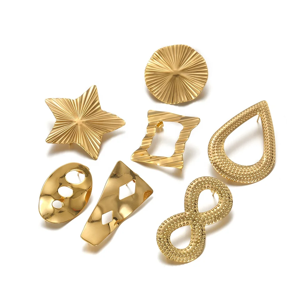 

6Pcs High-Grade Gold Color Plated Stainless Steel Different Styles Hollow Out Embossing Stud Earrings For DIY Jewelry Findings