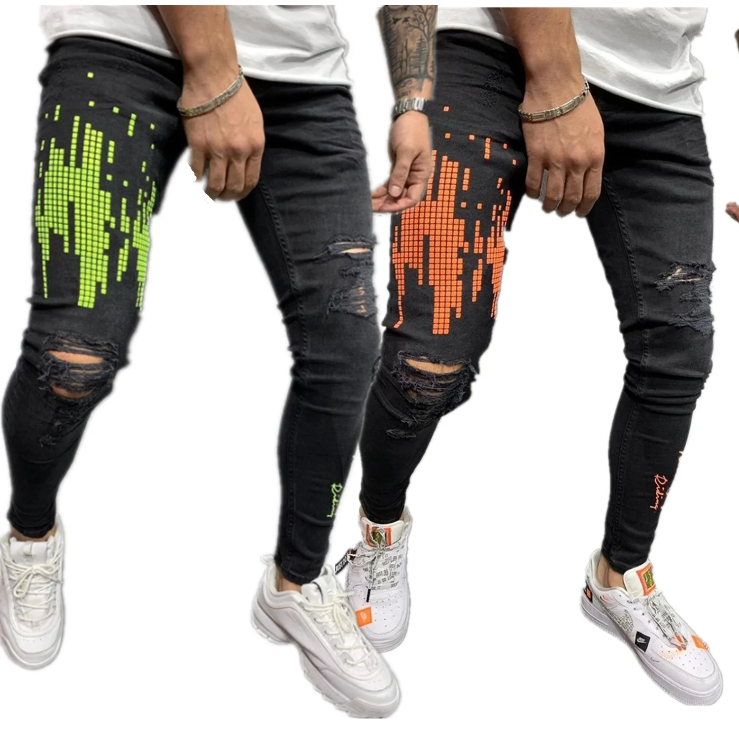 

D Hot sale men's large size breathable comfortable ripped zipper pants trendy black printed denim trousers, 2color