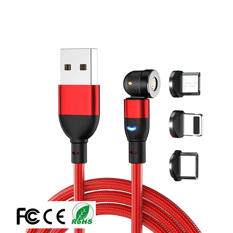 

Luminous 540 degree rotation LED 1M Magnetic 3 In 1 usb fast 3A charging data cable android for micro/i-product/Type C, Black red purple