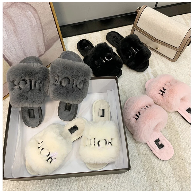 

DDDR 1:1 Original Famous Brand WOOL fur High quality faux fur slippers slide faux fur slide sandals women shoes with box